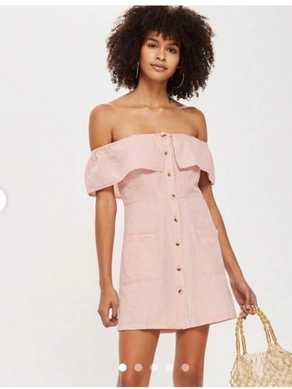 TopShop Pink Linen Off Shoulder Button Front Mini Dress